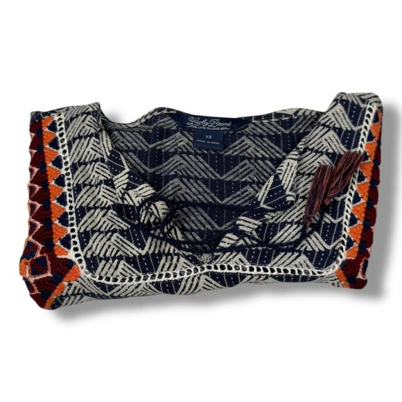 Lucky Brand Top Womens XS Beige/Navy Cotton Linen Embroidered Peasant Pullover - Picture 2 of 8